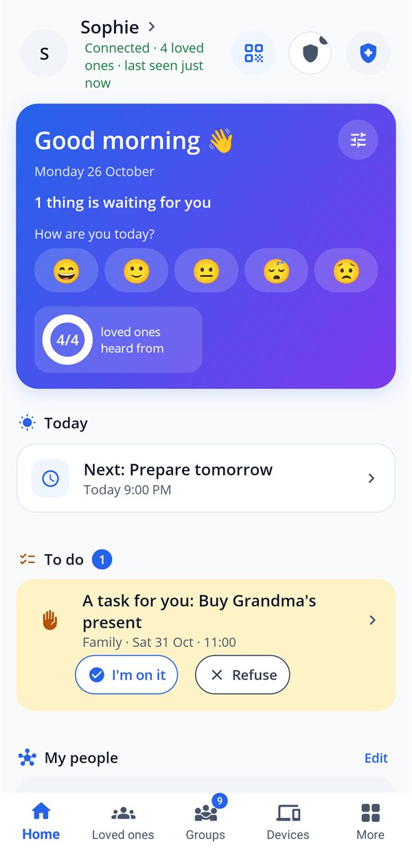 The HeyUs home screen: the day ahead, a task assigned by Marc, my loved ones and groups