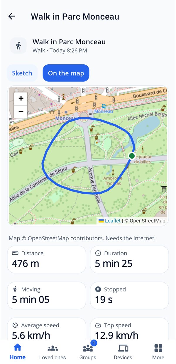 A walk in Parc Monceau on the map, with distance and duration