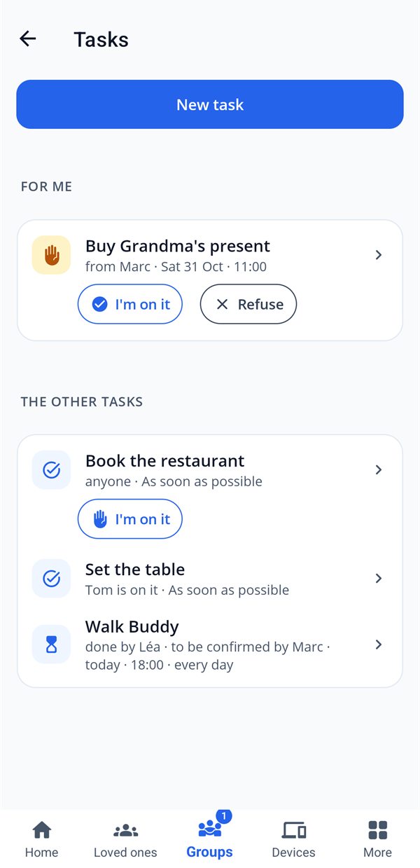 The family's tasks: an assigned task to accept or decline, the others in progress